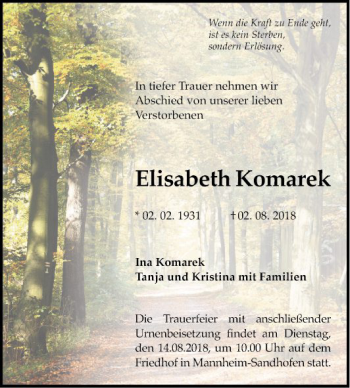 Traueranzeige von Elisabeth Komarek von Mannheimer Morgen