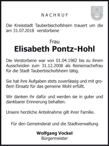 Traueranzeige von Elisabeth Pontz-Hohl von Fränkische Nachrichten