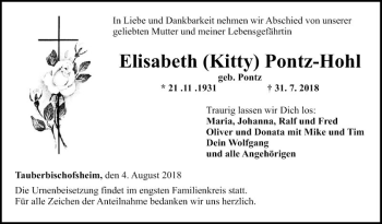 Traueranzeige von Elisabeth Kitty Pontz-Hohl von Fränkische Nachrichten