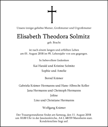 Traueranzeige von Elisabeth Theodora Solmitz von Mannheimer Morgen