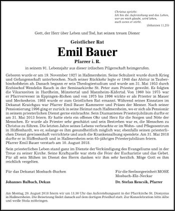 Traueranzeige von Emil Bauer von Fränkische Nachrichten