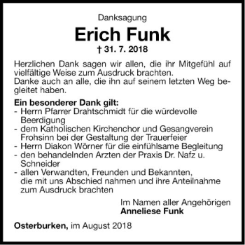 Traueranzeige von Erich Funk von Fränkische Nachrichten