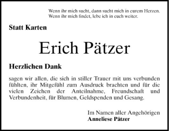 Traueranzeige von Erich Pätzer von Schwetzinger Zeitung