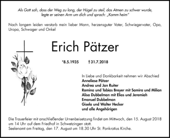 Traueranzeige von Erich Pätzer von Schwetzinger Zeitung