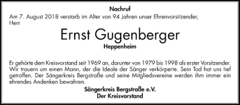 Traueranzeige von Ernst Gugenberger von Bergsträßer Anzeiger