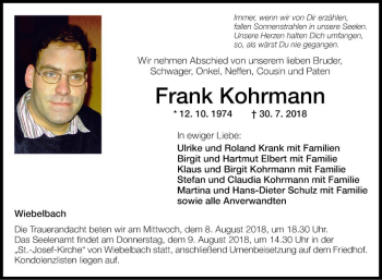 Traueranzeige von Frank Kohrmann von Fränkische Nachrichten