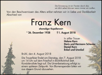 Traueranzeige von Franz Kern von Mannheimer Morgen