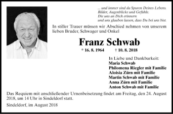 Traueranzeige von Franz Schwab von Fränkische Nachrichten