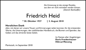 Traueranzeige von Friedrich Heid von Schwetzinger Zeitung