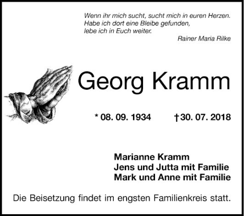  Traueranzeige für Georg Kramm vom 25.08.2018 aus Mannheimer Morgen