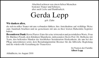 Traueranzeige von Gerda Lepp von Schwetzinger Zeitung