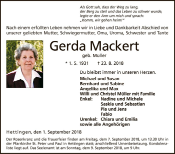 Traueranzeige von Gerda Macken von Fränkische Nachrichten