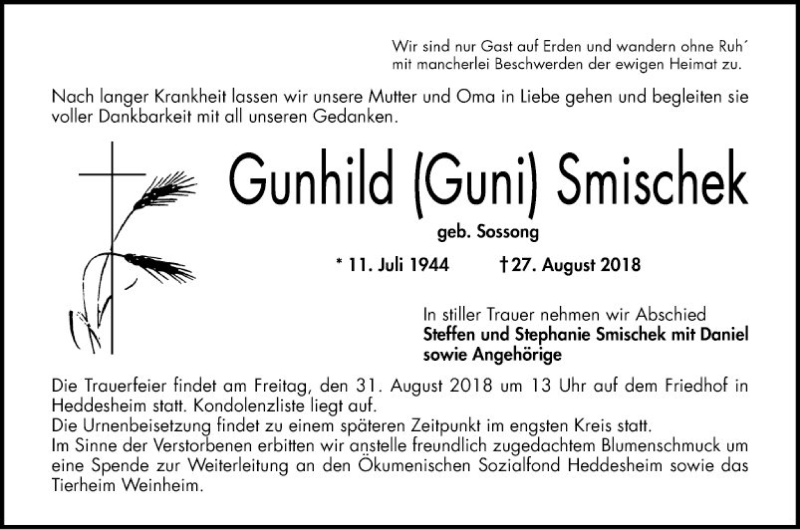  Traueranzeige für Gunhild  Smischek vom 29.08.2018 aus Mannheimer Morgen