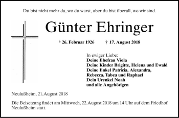 Traueranzeige von Günter Ehringer von Schwetzinger Zeitung