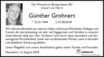 Traueranzeige von Günther Grohnert von Mannheimer Morgen