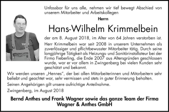 Traueranzeige von Hans-Wilhelm Krimmelbein von Bergsträßer Anzeiger