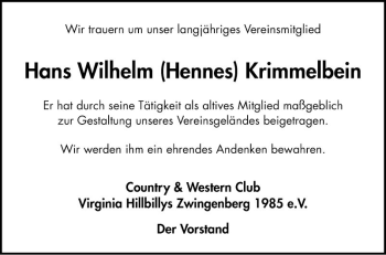 Traueranzeige von Hans Wilhelm  Krimmelbein von Bergsträßer Anzeiger
