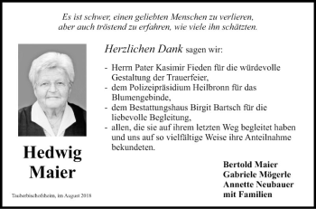 Traueranzeige von Hedwig Maier von Fränkische Nachrichten