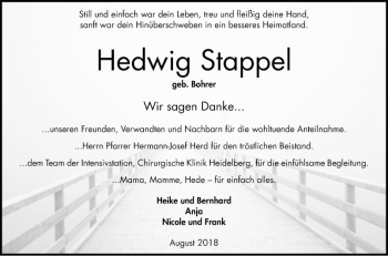 Traueranzeige von Hedwig Stappel von Bergsträßer Anzeiger