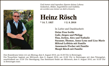 Traueranzeige von Heinz Rösch von Fränkische Nachrichten