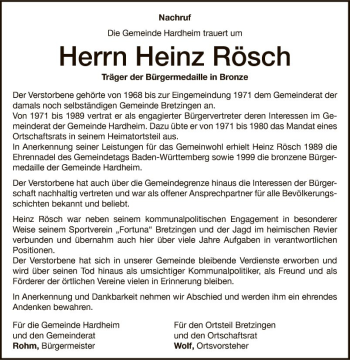 Traueranzeige von Heinz Rösch von Fränkische Nachrichten