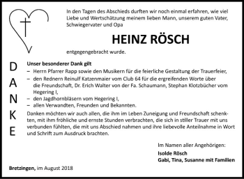 Traueranzeige von Heinz Rösch von Fränkische Nachrichten