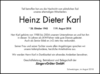 Traueranzeige von Heinz Dieter Karl von Schwetzinger Zeitung