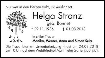 Traueranzeige von Helga Stranz von Mannheimer Morgen