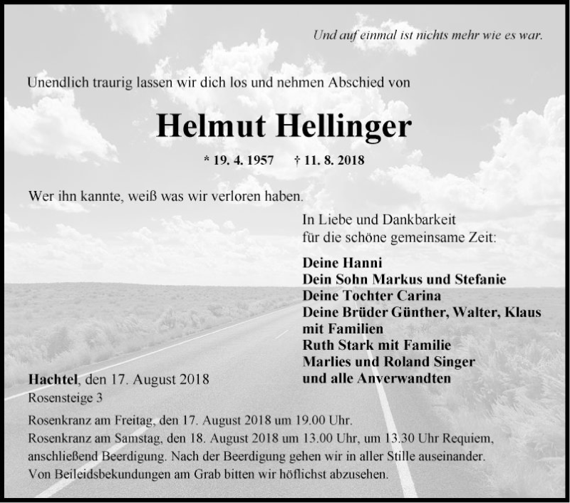  Traueranzeige für Helmut Hellinger vom 17.08.2018 aus Fränkische Nachrichten