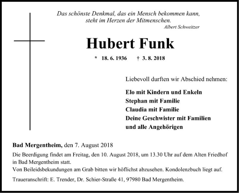  Traueranzeige für Hubert Funk vom 07.08.2018 aus Fränkische Nachrichten