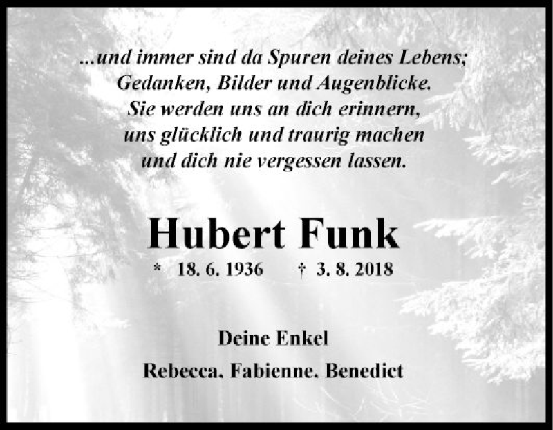  Traueranzeige für Hubert Funk vom 07.08.2018 aus Fränkische Nachrichten