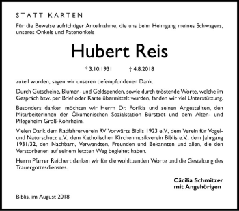 Traueranzeige von Hubert Reis von Südhessen Morgen