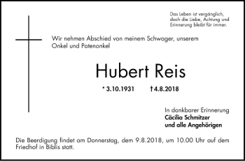 Traueranzeige von Hubert Reis von Südhessen Morgen