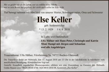 Traueranzeige von Ilse Keller von Fränkische Nachrichten