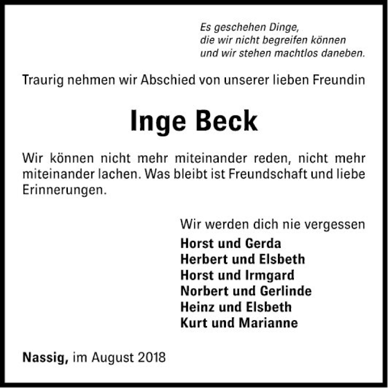  Traueranzeige für Inge Beck vom 09.08.2018 aus Fränkische Nachrichten