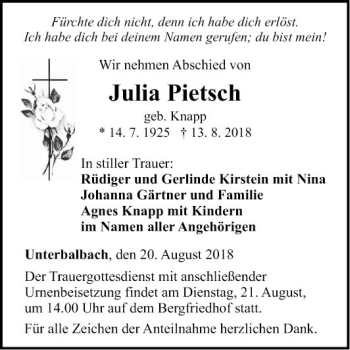 Traueranzeige von Julia Pietsch von Fränkische Nachrichten