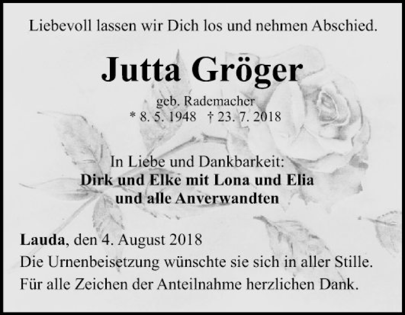  Traueranzeige für Jutta Gröger vom 04.08.2018 aus Fränkische Nachrichten