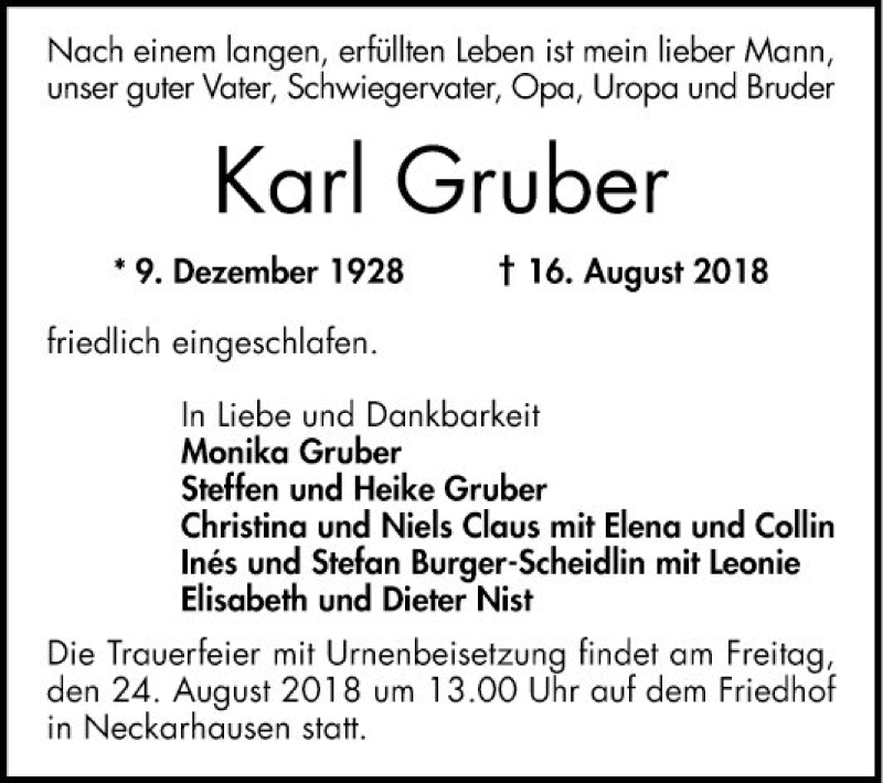  Traueranzeige für Karl Gruber vom 22.08.2018 aus Mannheimer Morgen