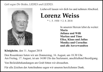 Traueranzeige von Lorenz Weiss von Fränkische Nachrichten