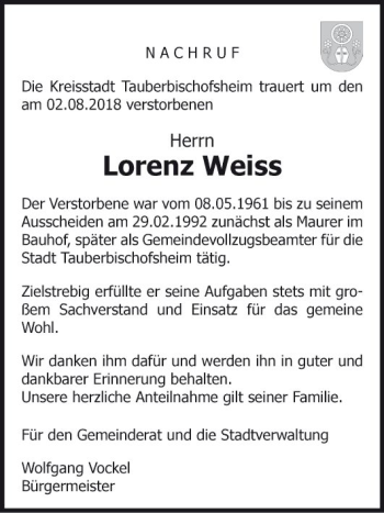 Traueranzeige von Lorenz Weiss von Fränkische Nachrichten