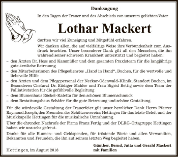 Traueranzeige von Lothar Mackert von Fränkische Nachrichten