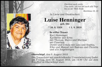 Traueranzeige von Luise Henninger von Fränkische Nachrichten