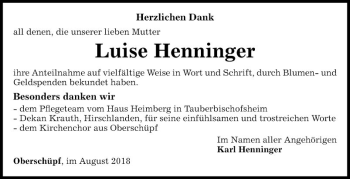 Traueranzeige von Luise Henninger von Fränkische Nachrichten