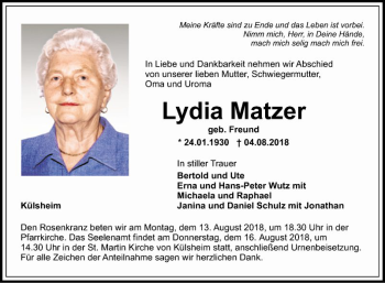 Traueranzeige von Lydia Matzer von Fränkische Nachrichten