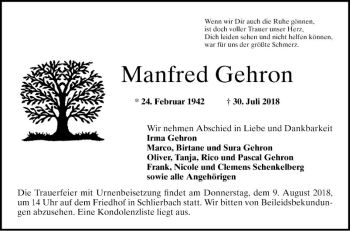 Traueranzeige von Manfred Gehron von Bergsträßer Anzeiger