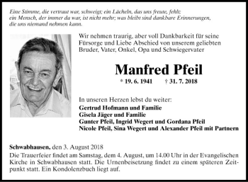 Traueranzeige von Manfred Pfeil von Fränkische Nachrichten