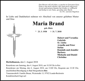 Traueranzeige von Maria Brand von Fränkische Nachrichten