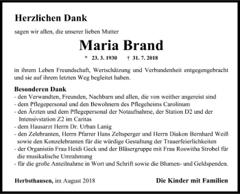 Traueranzeige von Maria Brand von Fränkische Nachrichten