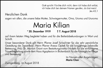 Traueranzeige von Maria Kilian von Bergsträßer Anzeiger