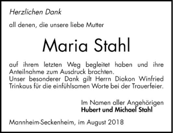 Traueranzeige von Maria Stahl von Mannheimer Morgen